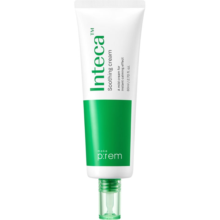 Make p:rem Inteca Soothing Cream 80 ml lugnande ansiktskräm i vit tub med grönt färgfält och genomskinligt lock.