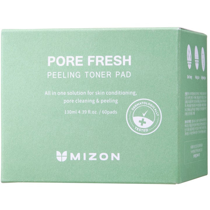 Mizon Pore Fresh Peeling Toner Pad 60 st ansiktsrengöring peeling pads i en mintgrön ytterförpackning