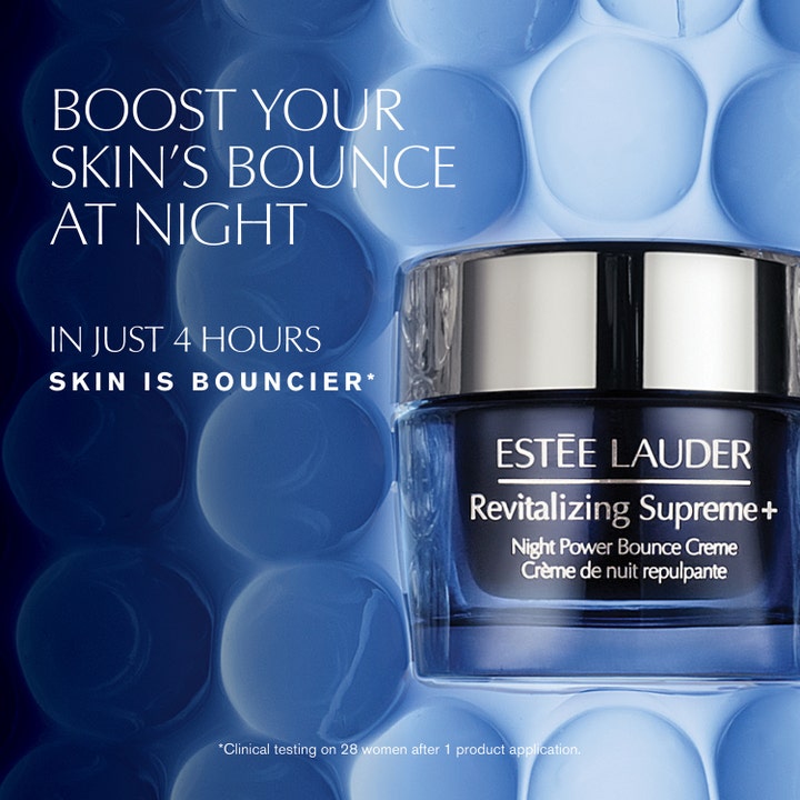 Estée Lauder Revitalizing Supreme+ Night Power Bounce Creme 50 ml nattkräm i blå glasburk som ger huden spänst.