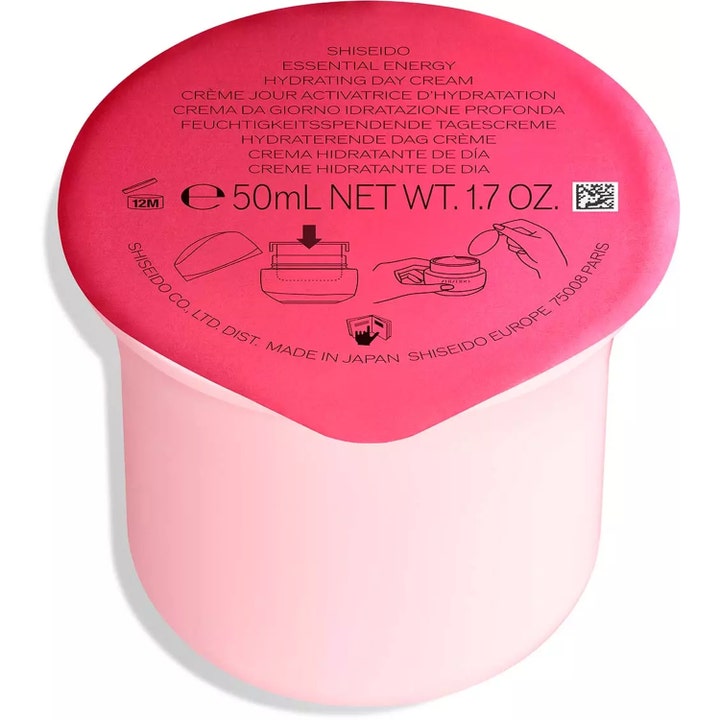 Shiseido Essential Energy Hydrating Day Cream 50ml återfuktande dagkräm i en ljusrosa refillkapsel med ceriserosa lock