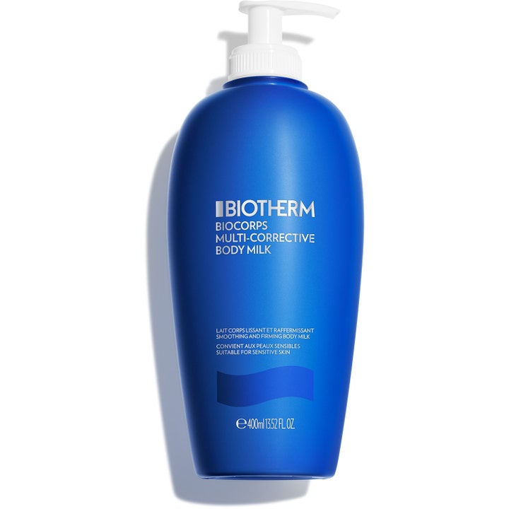 Biotherm Biocorps Multi-Corrective Body Milk 400ml fast-stärkande kroppslotion för torr hud i blå flaska med vit pump.