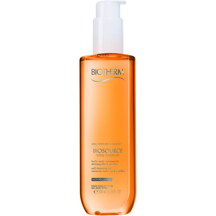 Biotherm Biosource Total Renew Oil 200 ml anti-pollution rengöringsolja ansikte i genomskinlig flaska med orange olja.