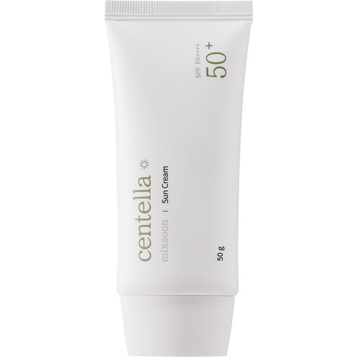 Mixsoon Centella Sun Cream 50 g lugnande ansikts solkräm spf 50 för acnebenägen hud i en minimalistisk vit tub