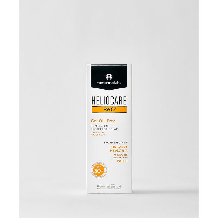 Heliocare 360 Gel Oil-Free 50 ml kladdfri solkräm i vit ytterförpackning med SPF 50 och Fernblock