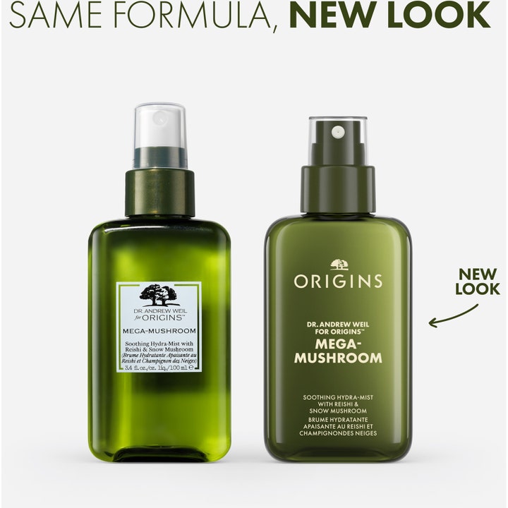 Origins Dr. Weil Mega-Mushroom 100 ml lugnande face mist i mörkgrön sprayflaska med texten New Look