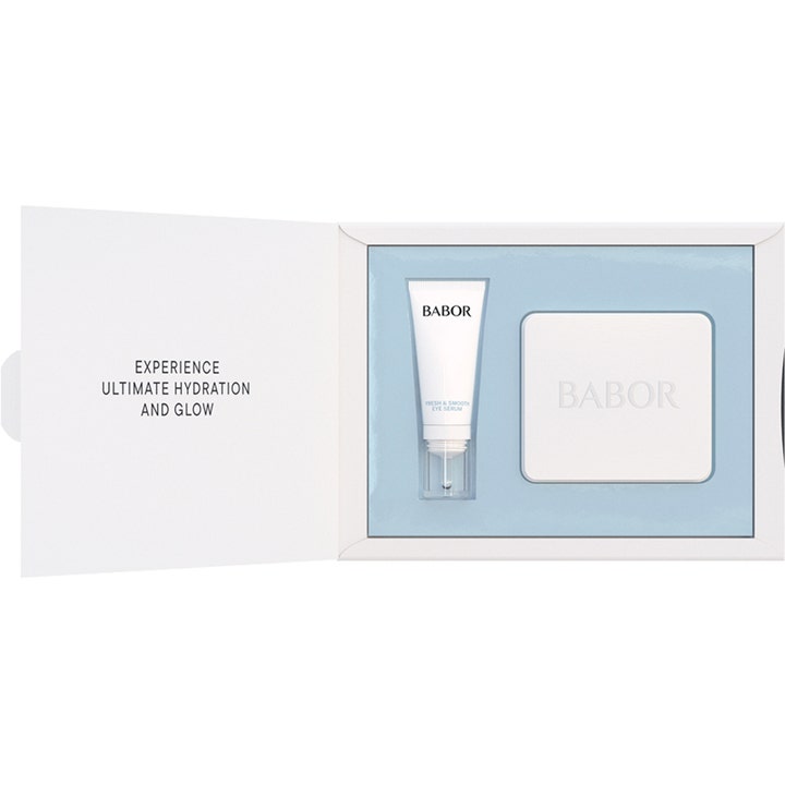 Babor Fresh & Smooth Eye Set fuktgivande anti-aging ögonserum och ögonpatches i vit tub och burk i en ljusblå box.