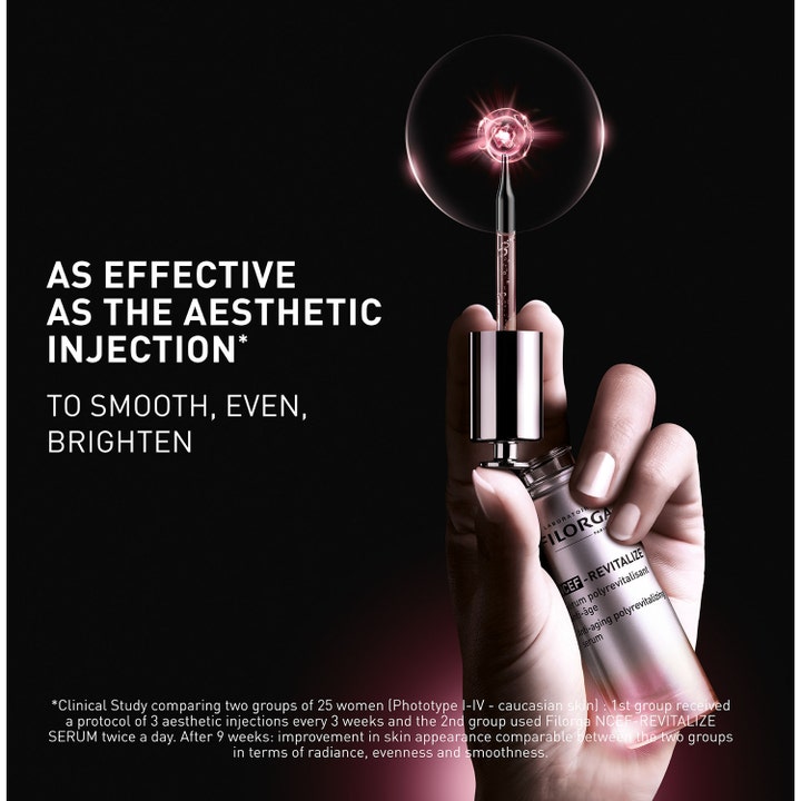 Filorga NCEF-Revitalize Serum 30 ml antiaging serum i glasflaska i en hand som lyfter upp en pipett.