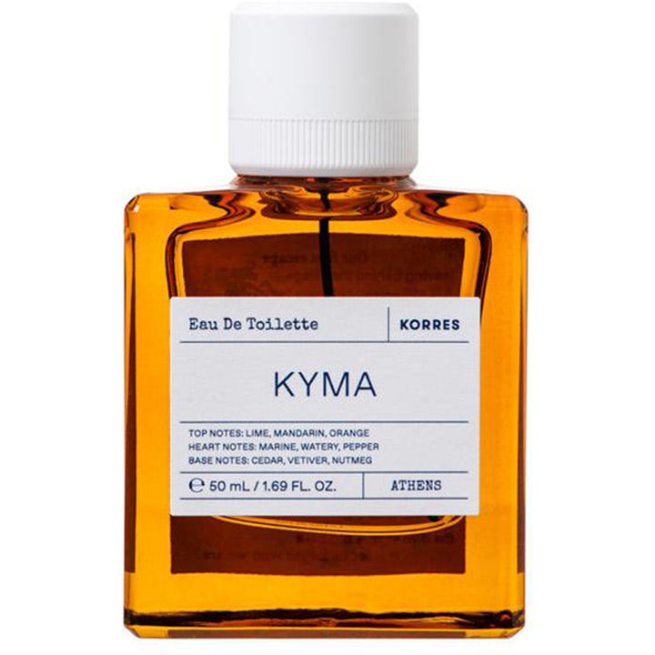 KORRES Kyma Eau de Toilette 50 ml fräsch parfym i bärnstensfärgad glasflaska med vitt lock och vit etikett