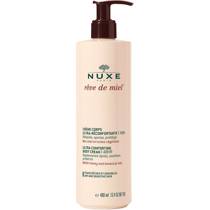 Nuxe Rêve de Miel 400 ml 48 timmars återfuktande kroppskräm med honung i beige plastflaska med mörkbrun pump.