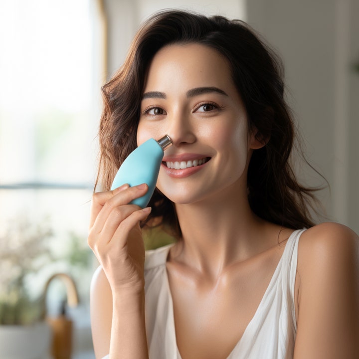 FOREO KIWI 1 st portömning som ger renare hy när en kvinna använder den turkosa enheten på näsan