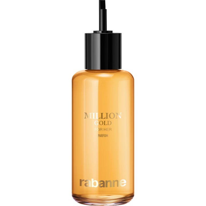 Rabanne Million Gold For Her Parfum Refill 200 ml refillflaska med guldgul vätska och svart kork med smal pip