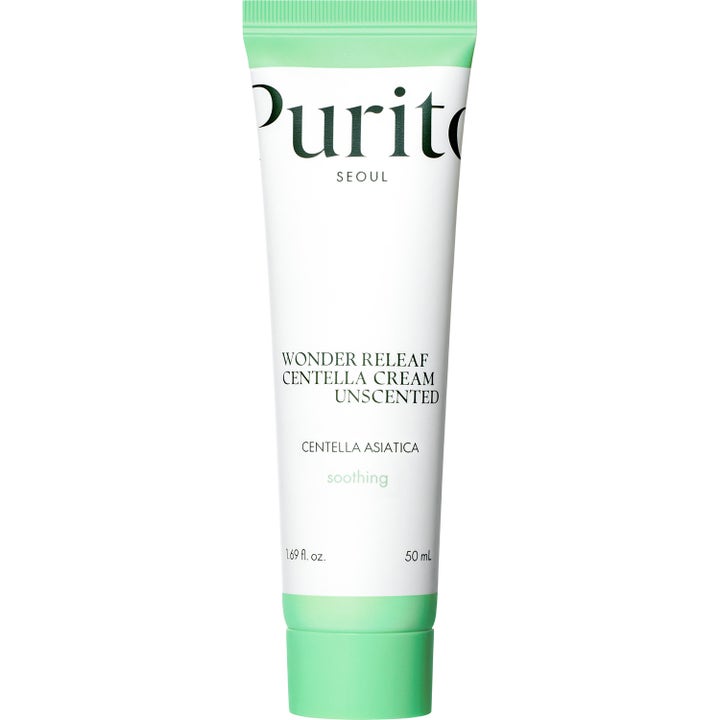 Purito Seoul Wonder Releaf Centella Cream Unscented 50 ml centella ansiktskräm känslig hud i vit tub med gröna detaljer.