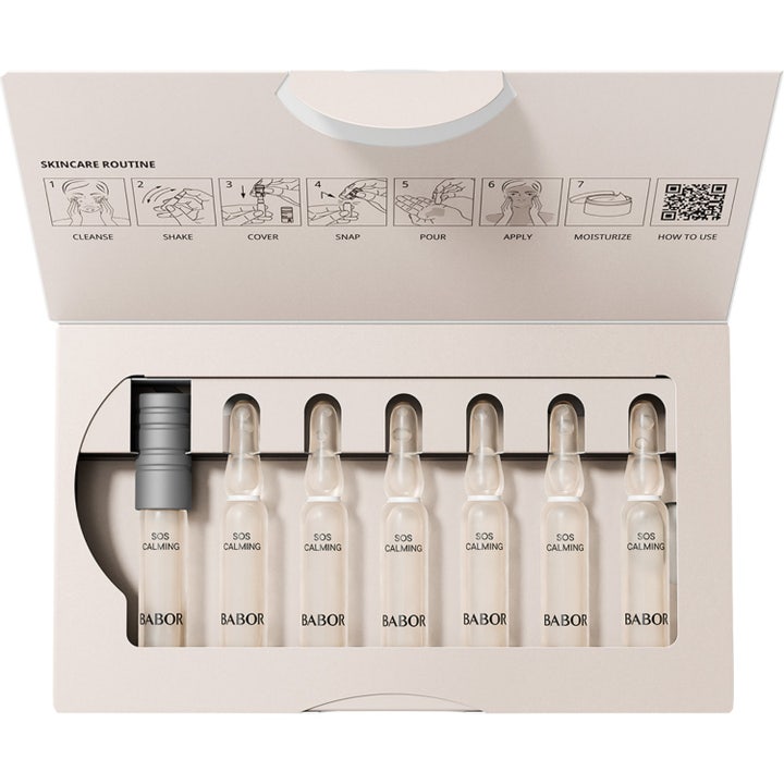 Babor Ampoule SOS Calming 14 ml akutserum för känslig hud i glasampuller med steg-för-steg-guide i locket