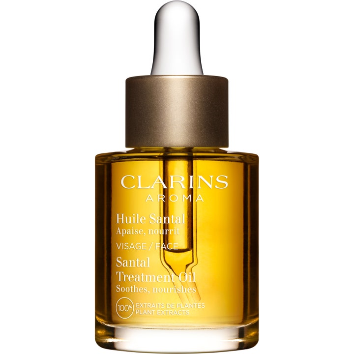 Clarins Santal Treatment Oil 30 ml lugnande ansiktsolja i glasflaska med guldfärgad pipettkork