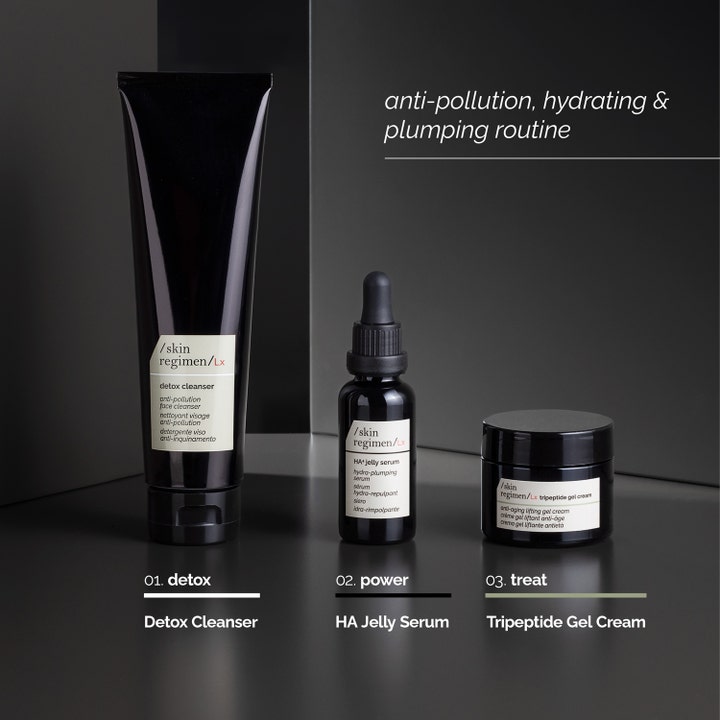 Skin Regimen Ha4 Jelly Serum 30 ml fuktgivande jelly serum för ansiktsplumpning i mörk pipettflaska i en hudvårdsrutin.