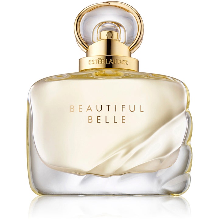 Estée Lauder Beautiful Belle 50 ml damparfym i vågig glasflaska med guldlock som visar den guldgula vätskan