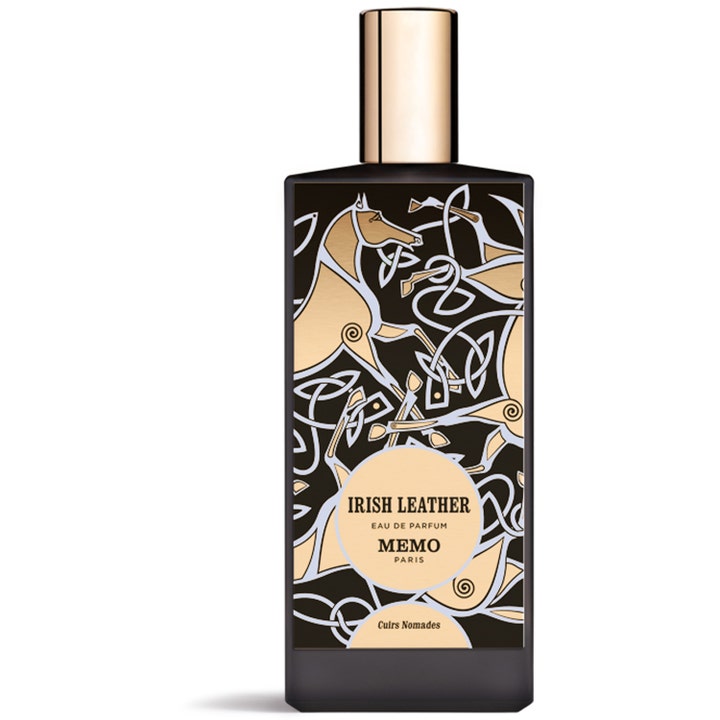 Memo Paris Irish Leather 75 ml parfym i mörk flaska med guldlock och hästmotiv som ger en unik parfym
