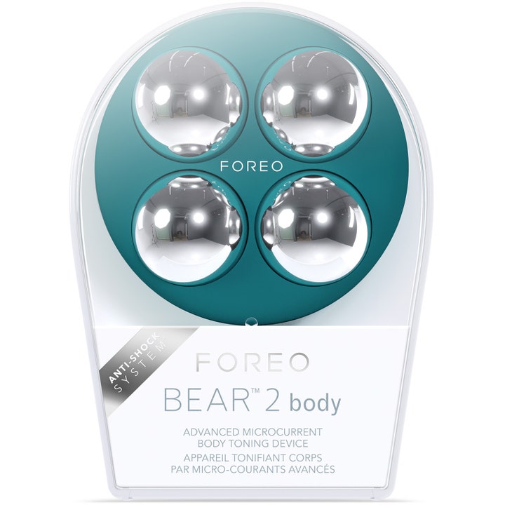 FOREO BEAR 2 body Evergreen 1 st ger huduppstramning och toning med mikroström och fyra silvriga sfärer.