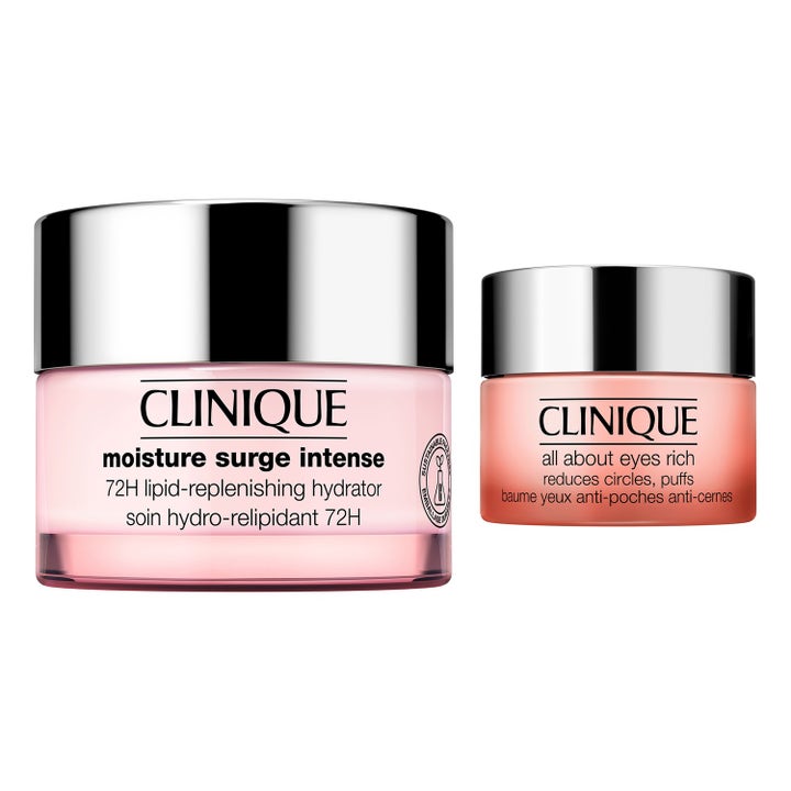 Clinique Moisture Surge Intense och All About Eyes Rich hudvårdsset i rosa glasburkar med silverlock