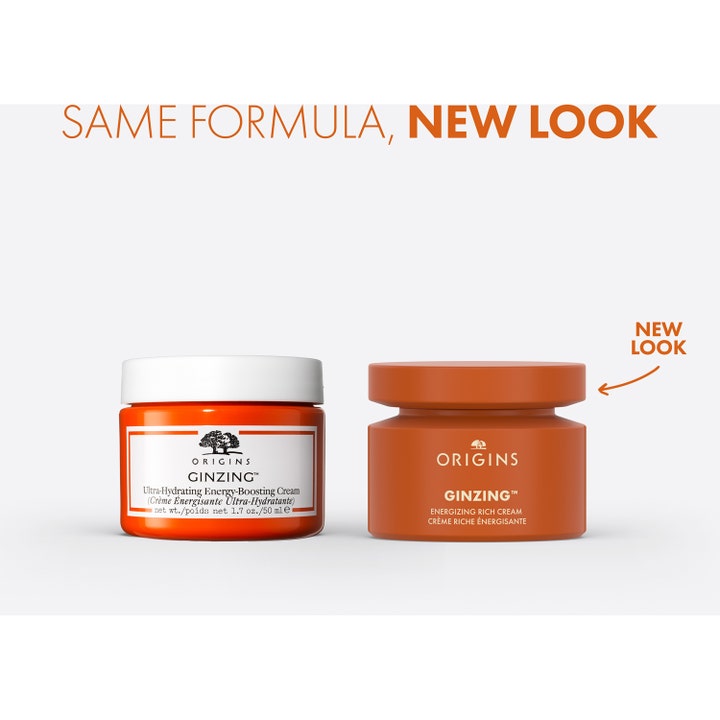 Origins GinZing Energizing Rich Cream 30 ml energikräm för trött hud i orangea burkar som visar ny och gammal design.