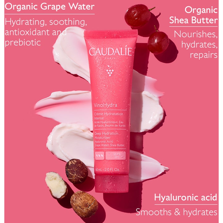 Caudalie Vinohydra Deep Hydration Moisturizer 60 ml djup återfuktande ansiktskräm i rosa tub med kräm och vindruvor.