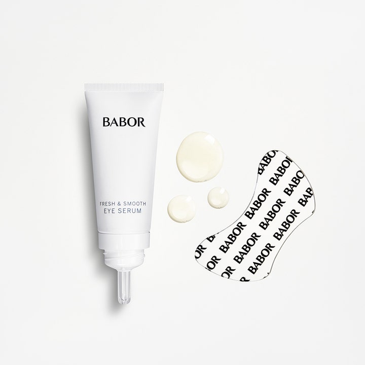 Babor Instant Fresh & Smooth Eye Serum 30 ml fuktgivande ögon serum i vit tub med klara droppar och ögonpatches.