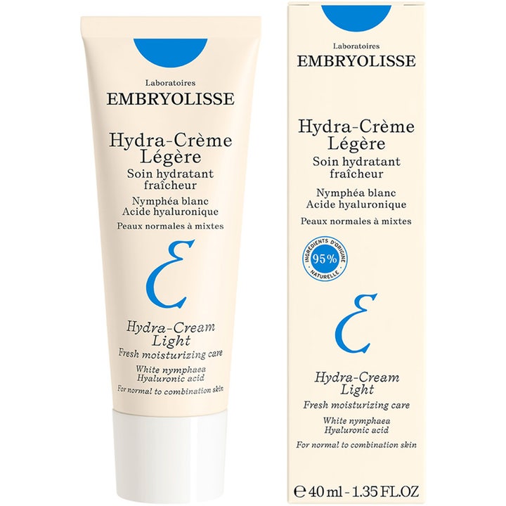Embryolisse Hydra-creme Legere 40 ml återfuktande dagkräm normal hy med hyaluronsyra och näckros i vit tub och ask.