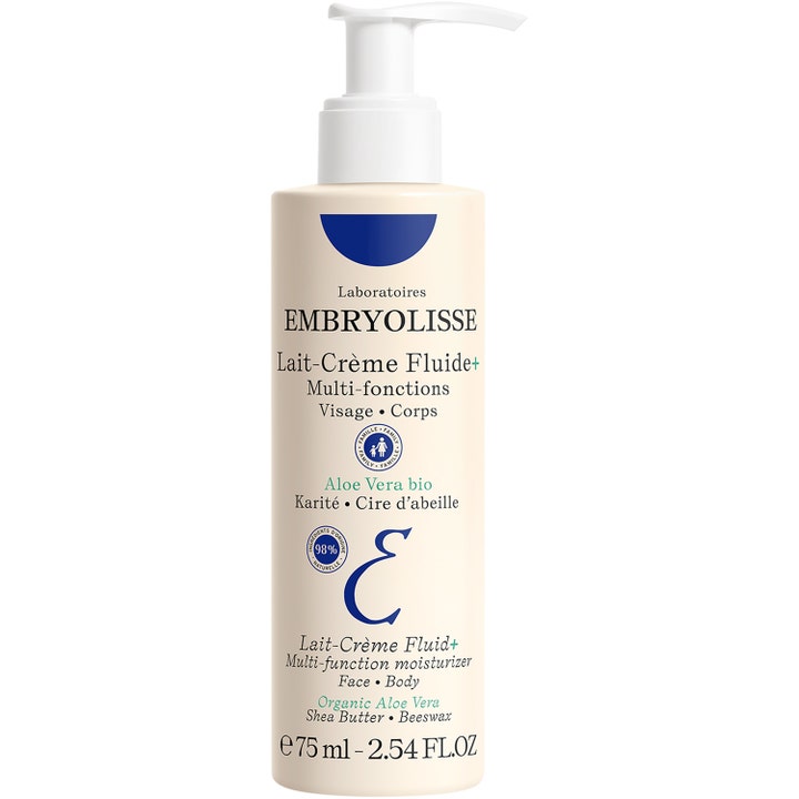 Embryolisse Lait-Crème Fluide+ 75 ml fuktgivande kroppskräm aloe vera i beige pumpflaska med blå detaljer.