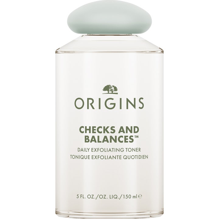 Origins Checks and Balances 150 ml exfolierande ansiktsvatten i genomskinlig plastflaska med grönt lock