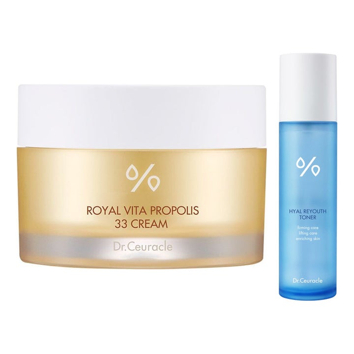 Dr. Ceuracle Royal Vita Propolis 33 Cream och Hyal Reyouth Toner ger lyster i gyllene glasburk och blå frostad flaska.