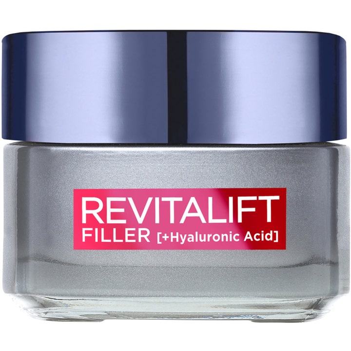 L'Oréal Revitalift Filler 50 ml anti-rynk hyaluronsyra kräm i silverfärgad glasburk med lila lock