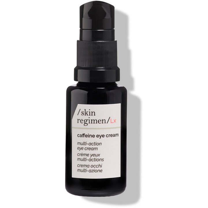 /skin regimen/Lx Caffeine Eye Cream anti-age ögonkräm med koffein i en svart glasflaska med pump och vit etikett.