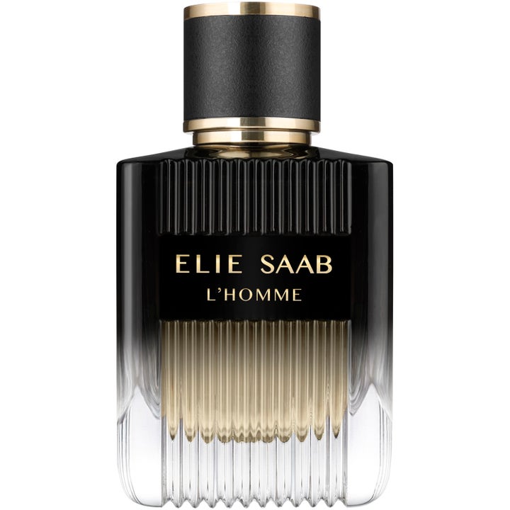 Elie Saab L'Homme Eau de Parfum 100 ml herrparfym i en räfflad glasflaska med svarta och guldiga detaljer