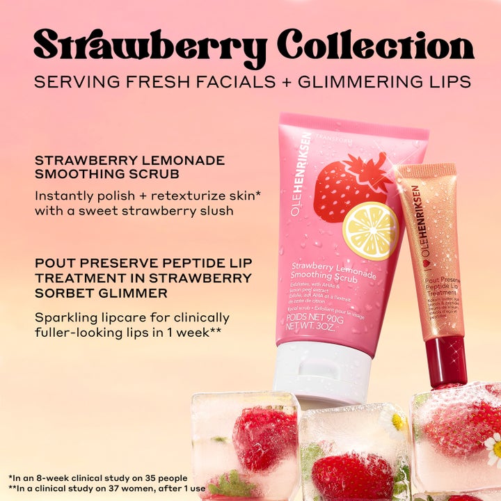 Ole Henriksen Strawberry Smoothing Scrub 90 ml aha-skrubb i rosa tub ger naturlig peeling bredvid is och bär.