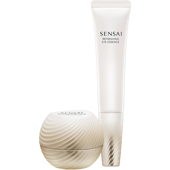 Sensai Refreshing Eye Essence & Melty Rich Eye Cream anti-aging ögonkräm set i vit tub och rund mönstrad burk