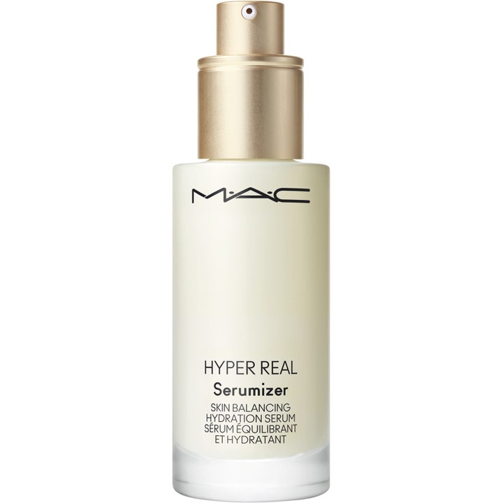 MAC Cosmetics Hyper Real Serumizer 30 ml balanserade fuktserum för hudbalans i frostad glasflaska med guldpump.