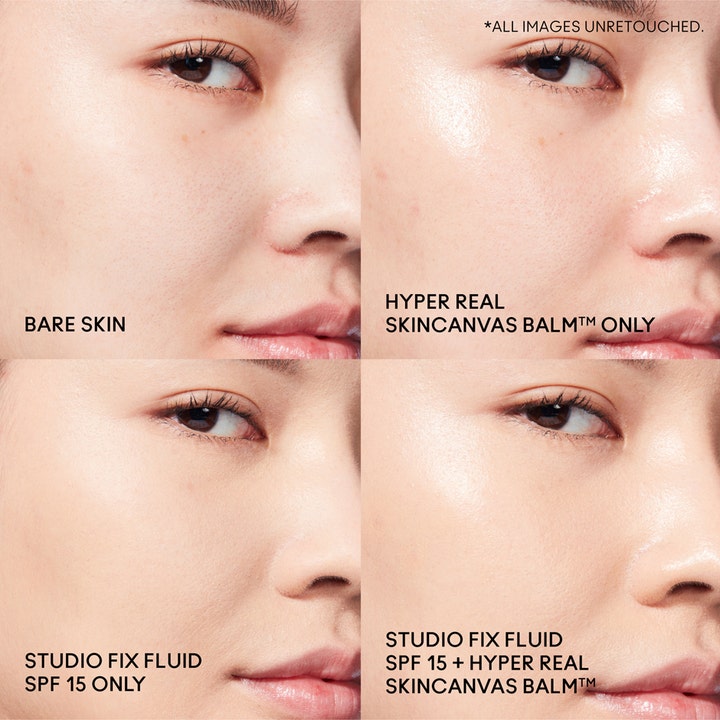 MAC Cosmetics Hyper Real Skincanvas Balm 50 ml fuktboosting ansiktskräm som ger lyster i en före- och efterbild.