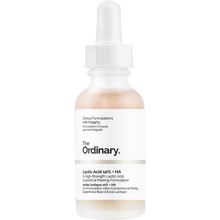 The Ordinary Lactic Acid 10% + HA 30 ml exfoliering ansikte acne i en frostad glasflaska med vit pipett