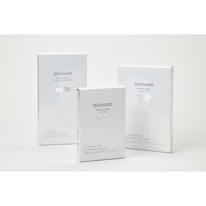 Mixsoon Melting Collagen Cheek Film 5 st ansiktsmask i vita förpackningar för kinder, ögon och panna.