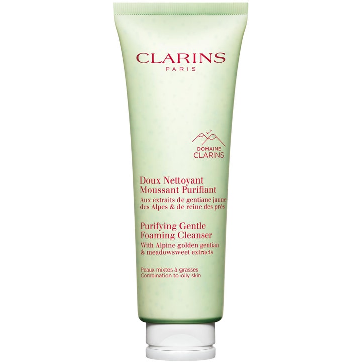 Clarins Purifying Gentle Foaming Cleanser rengöringsskum för clarins oljig hud i ljusgrön tub med vitt lock.