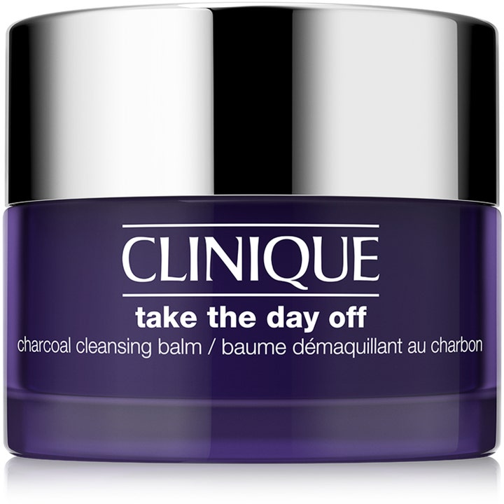 Clinique Take The Day Off Charcoal Cleansing Balm detoxrengöring i mörklila burk med silvrigt lock för ren hy.