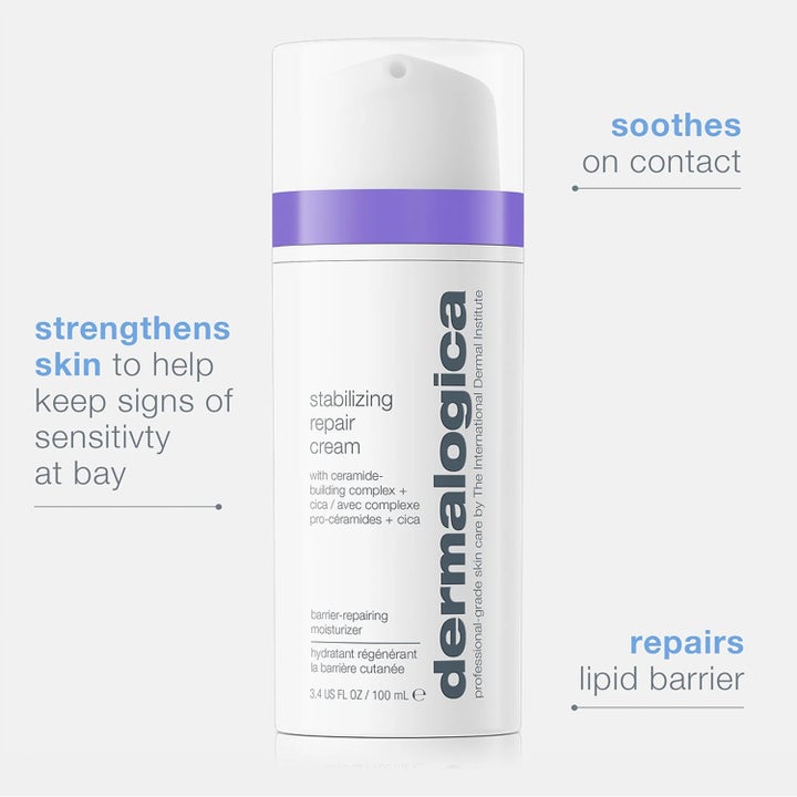 Dermalogica Stabilizing Repair Cream 100 ml barriärstärkande ansiktskräm i vit flaska med lila band och lugnande cica.