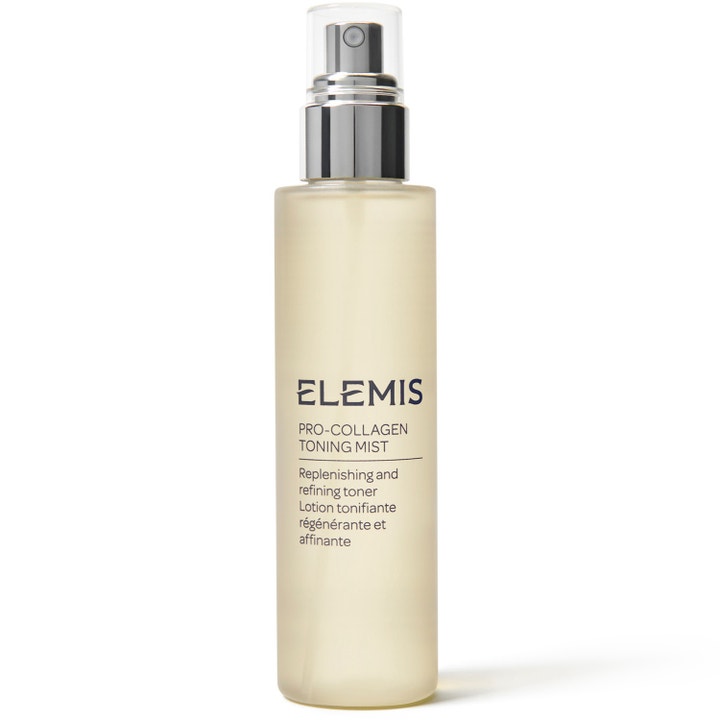 Elemis Pro-Collagen Toning Mist återfuktande ansiktsmist i frostad flaska med silverpump och genomskinligt lock