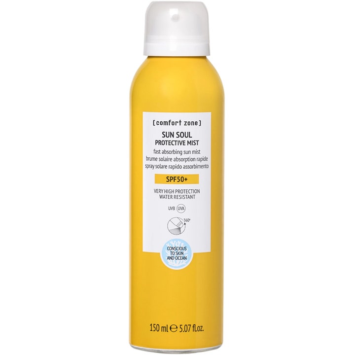 Comfort Zone Sun Soul Protective Mist 150 ml havsvänlig solkräm i gul sprayflaska med 360 graders solskyddsspray