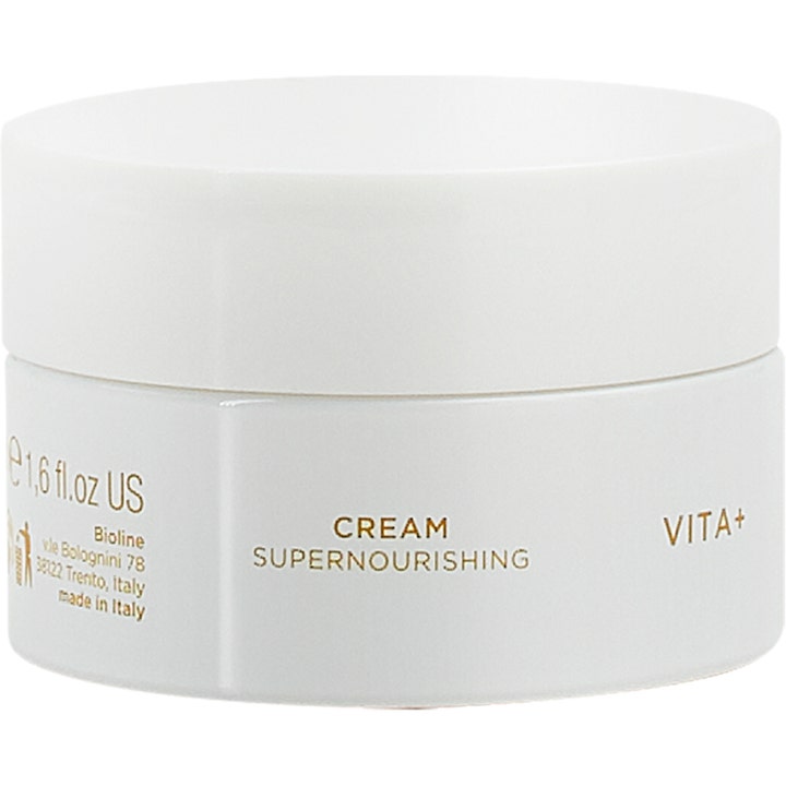 Bioline Vita+ Supernourishing Cream 50 ml intensiv näringskräm motverkar fina linjer i en vit burk med guldtext.