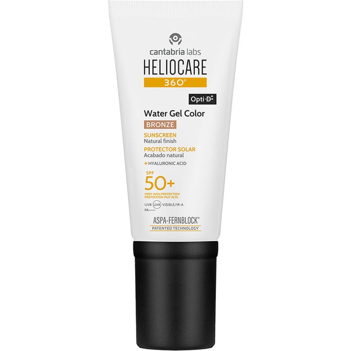 Heliocare 360 Water Gel Color Bronze 50ml brons solskydd med färg återfuktar huden i en vit tub med svart lock.