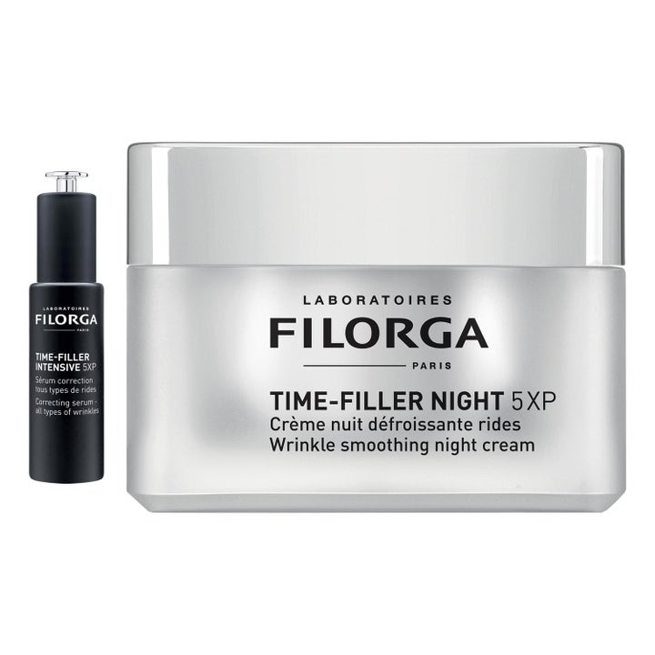 Filorga Time-Filler nattkräm anti-aging och serum i silverburk samt frostad glasflaska med pipett.