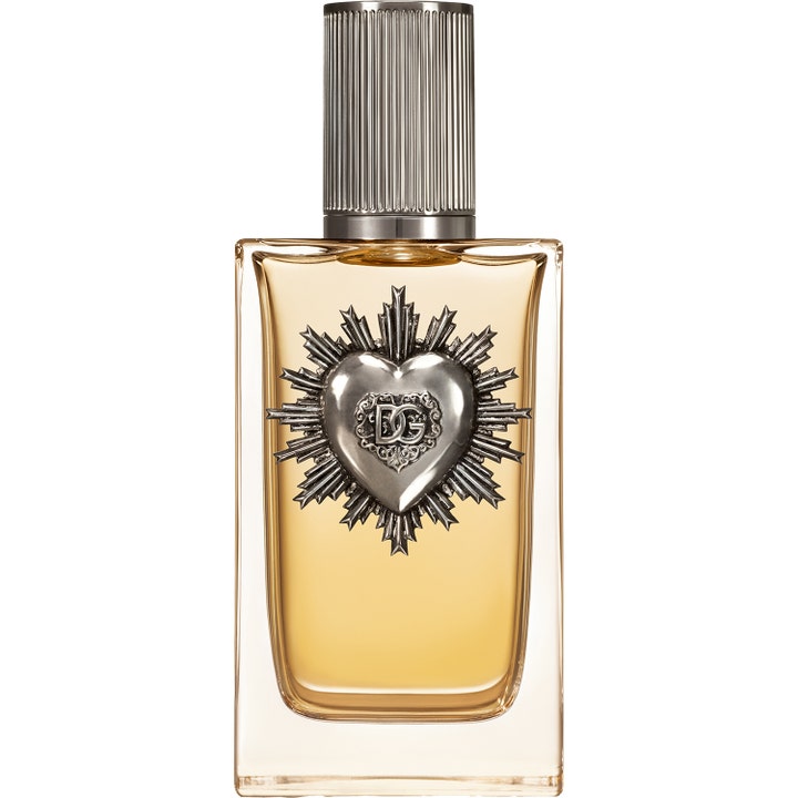 Dolce & Gabbana Devotion Pour Homme 100ml herrparfym i glasflaska med silverfärgat hjärta och bärnstensfärgad vätska