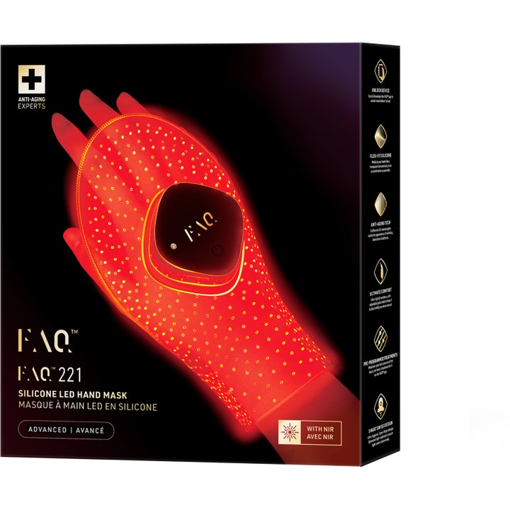 FAQ Swiss FAQ™ 221 LED Hand Mask 1 st anti-rynk handbehandling i svart box som visar en rödlysande led mask i silikon