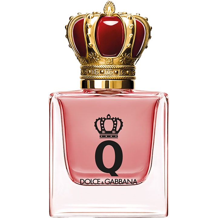 Dolce & Gabbana Q Intense 30 ml damparfym i fyrkantig glasflaska med rosa vätska och guld- och rödfärgad krona